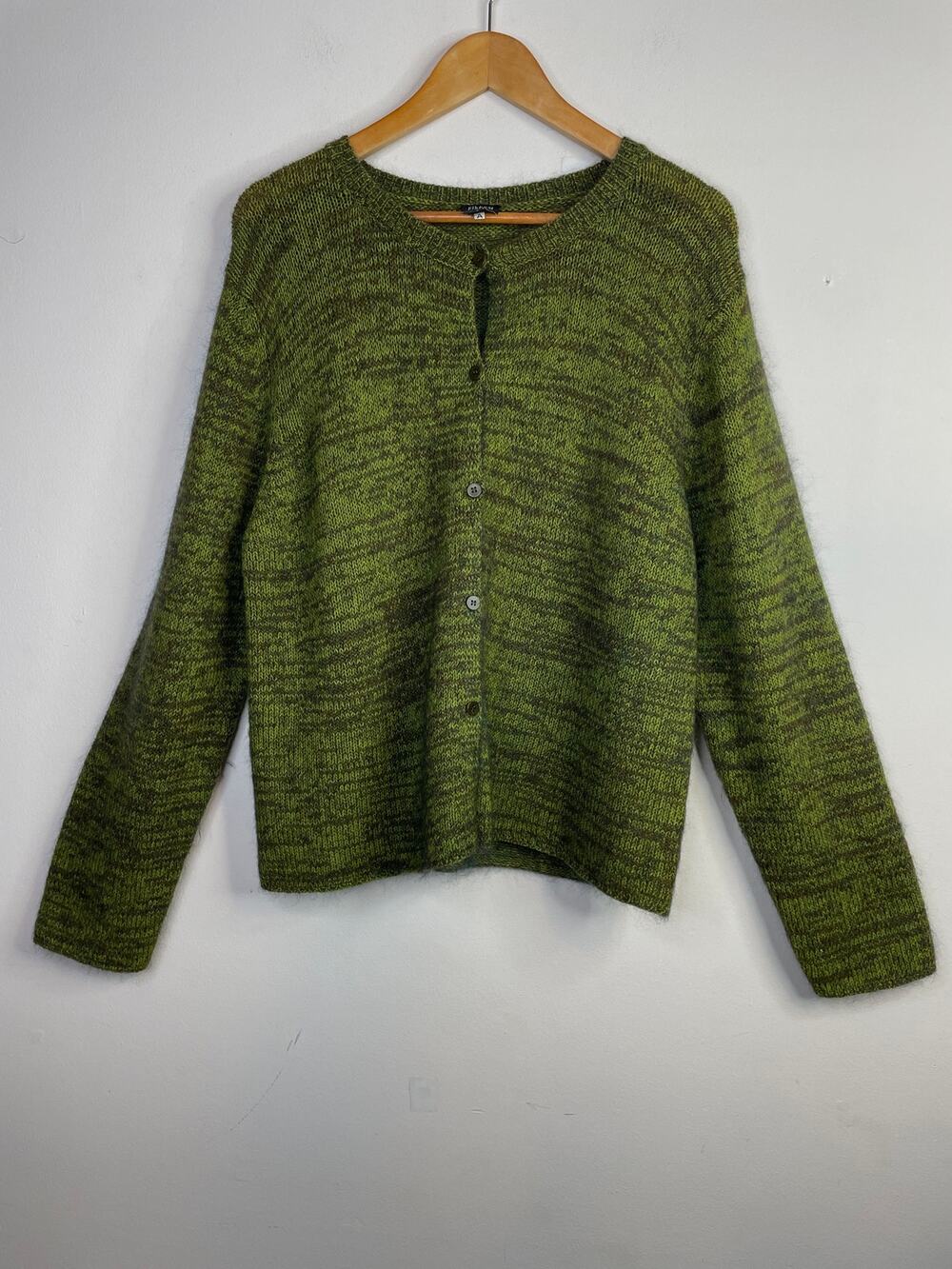 Eileen Fisher Wool Mohair Blend Marled Green Cardigan Sweater Cozy Fall womens L